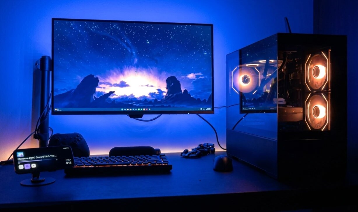 The desk: monitor in front, phone on its stand to the left showing the landscape player